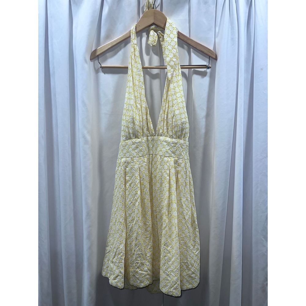Vintage Rubber Ducky Yellow Eyelet Halter Mini Dress Cotton Sun Dress Open Back